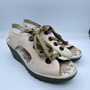 Fly London Ylva Cream Platform Wedge Lace-Up Peep Toe Shoes Sandals